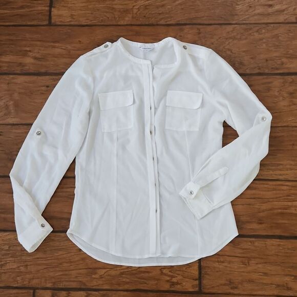 Calvin Klein women's small/petite white button front blouse adjustable sleeves - Picture 4 of 7